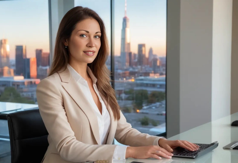 Kerri Kanter, AI automation strategist, working in a high-tech office with AI-powered business dashboards and automation workflows.