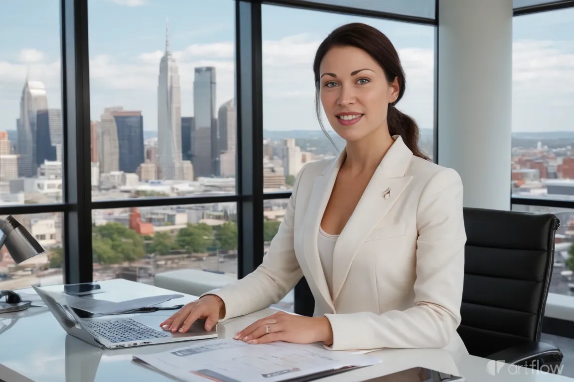 Kerri Kanter, AI automation strategist, working in a high-tech office with AI-powered business dashboards and automation workflows.