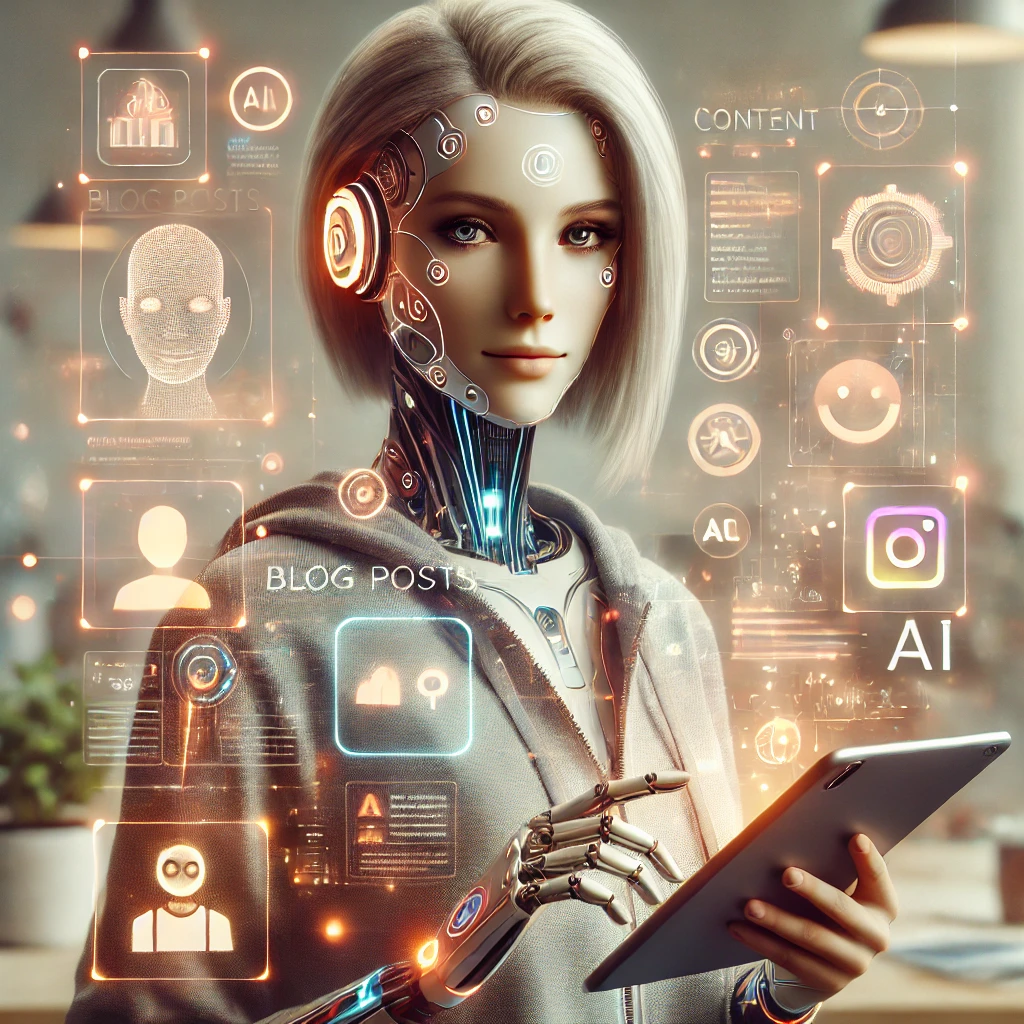 A modern, human-like AI content creator named Cam. Cam is a creative and energetic digital expert, with a sleek tablet in hand, surrounded by floating