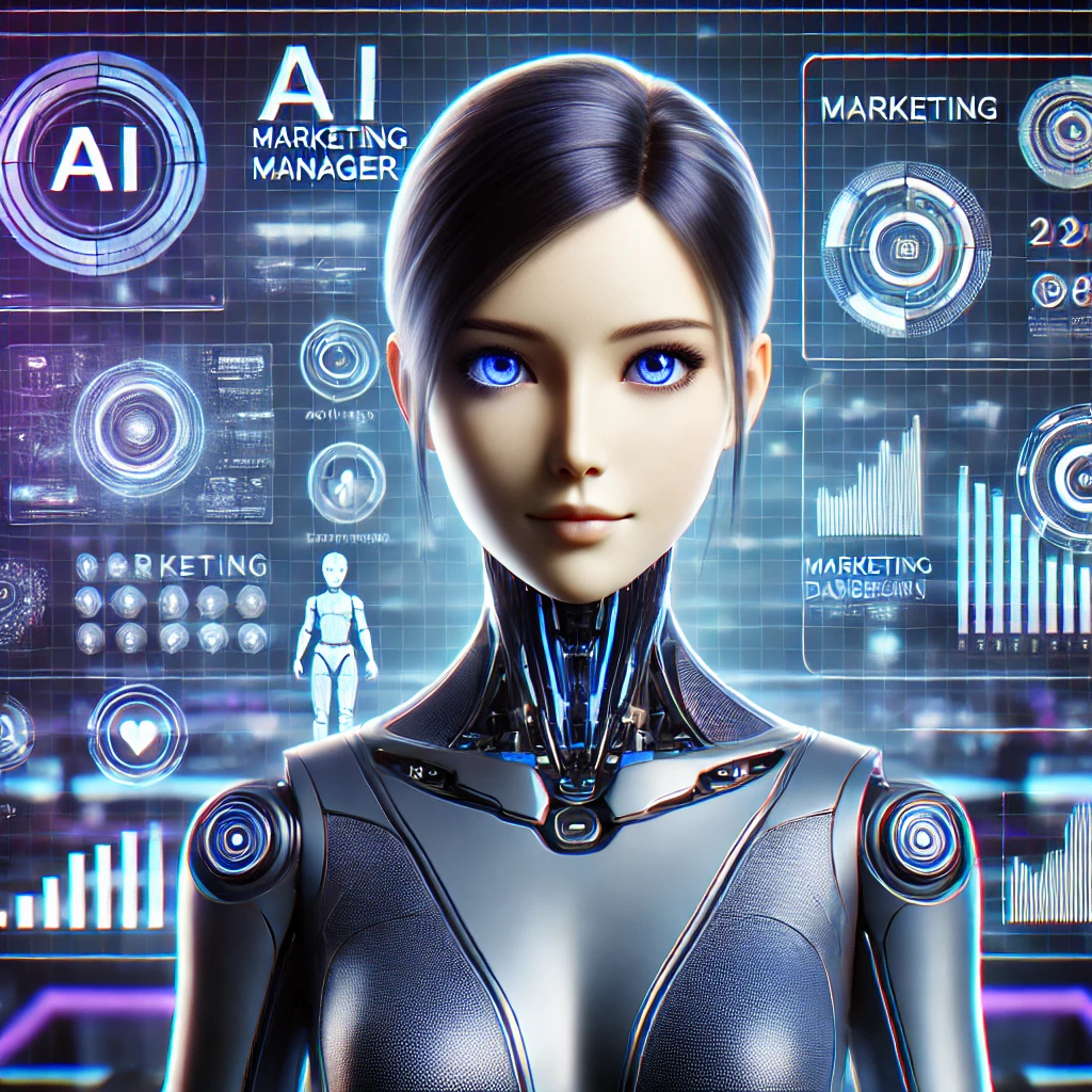 A modern, human-like AI marketing manager named Mai. Mai is a confident, strategic, and data-driven digital expert, surrounded by floating holographic
