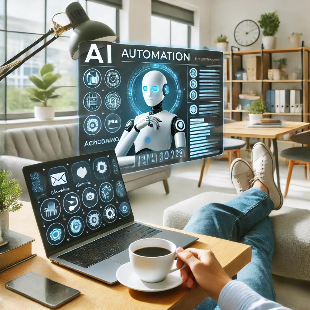A modern entrepreneur relaxing with coffee in a stylish workspace while an AI-powered dashboard automates business tasks on their laptop screen, symbolizing stress-free efficiency.