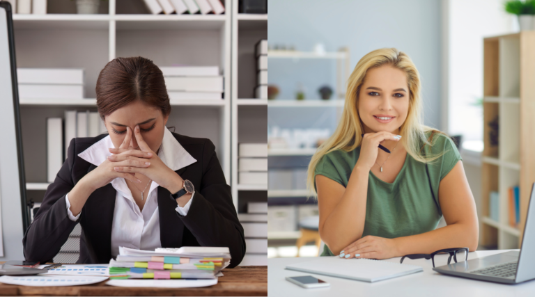 Overwhelmed entrepreneur struggling with repetitive tasks before AI automation vs. a thriving business owner scaling efficiently with AI-powered workflows.