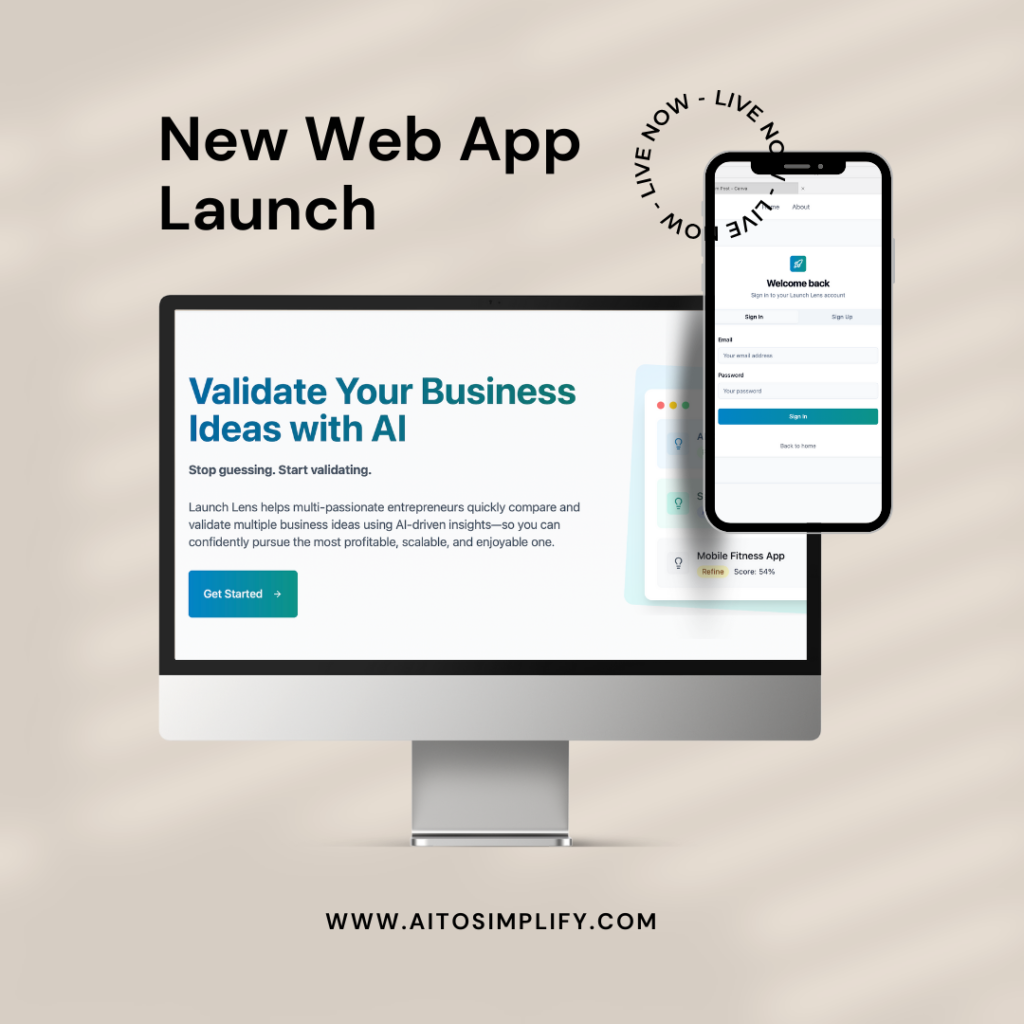 Screenshot of Launch Lens showing AI validation scores for business ideas like AI Course Platform, SaaS Marketing Tool, and Mobile Fitness App