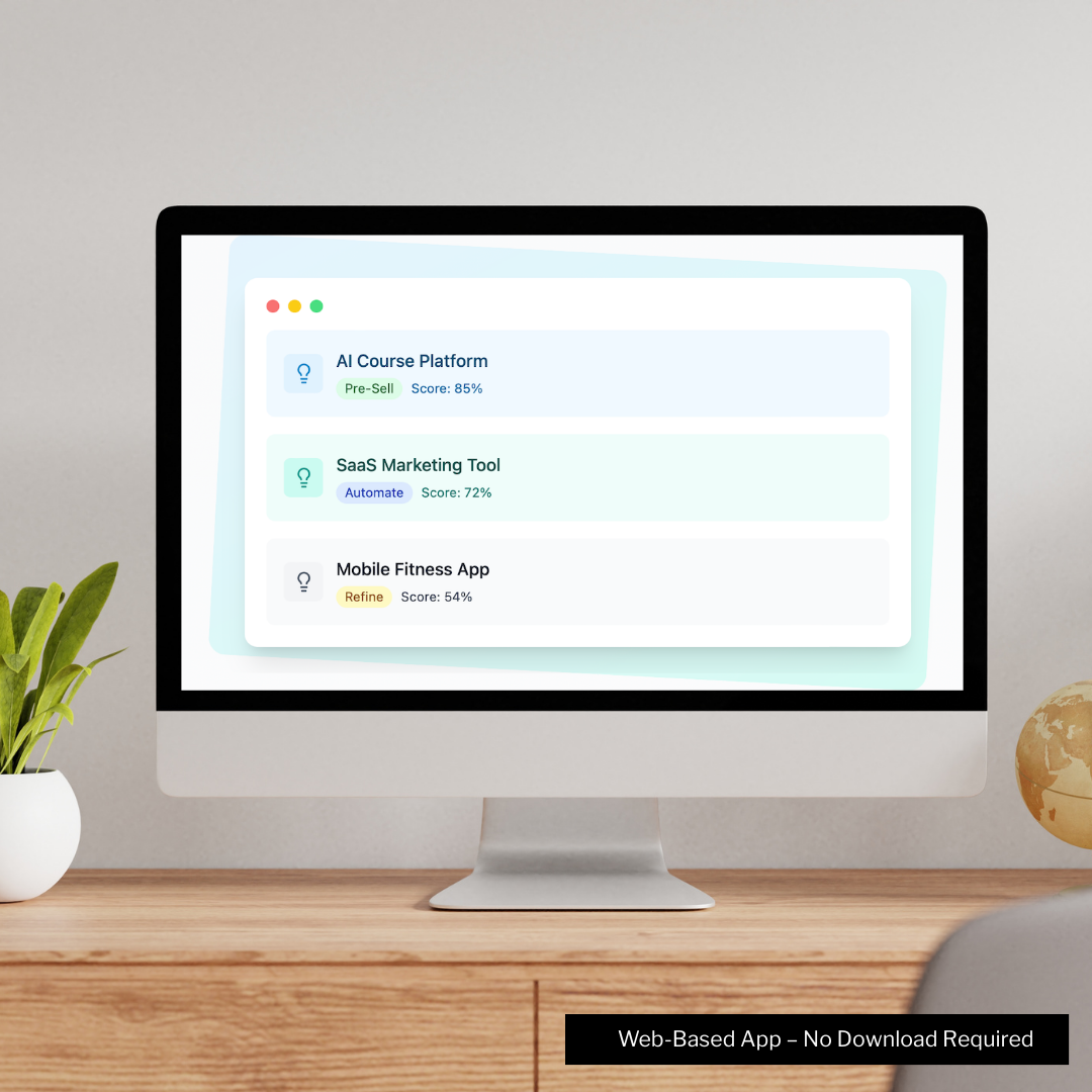 Screenshot of Launch Lens showing AI validation scores for business ideas like AI Course Platform, SaaS Marketing Tool, and Mobile Fitness App